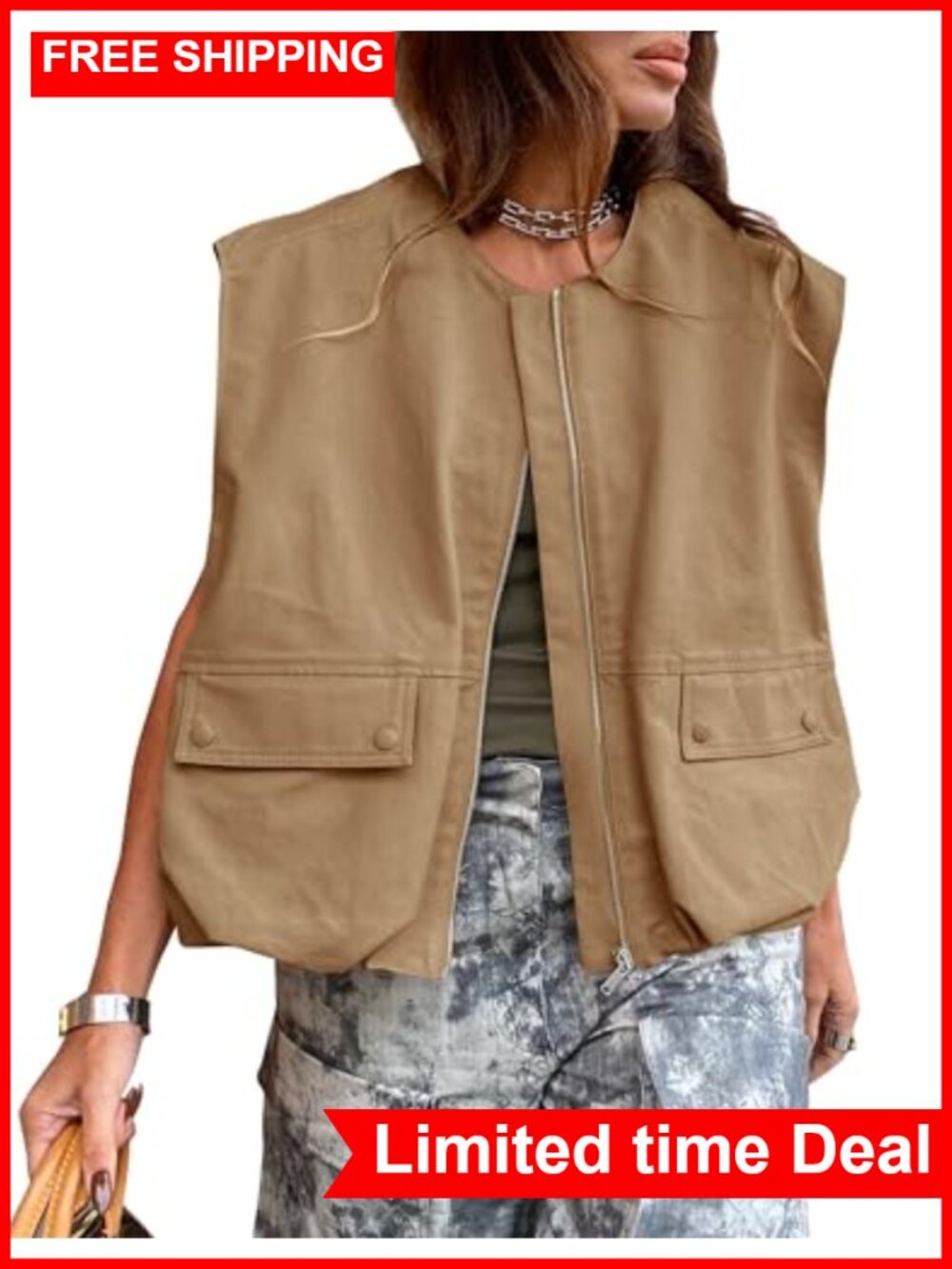 Shebote Womens Cargo Vest Zip Up Lightweight Ruched Hem Sleeveless Utility Vest